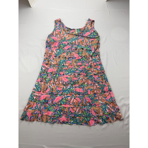 Bulu-Lulu Dresses & Skirts - Bulu-Lulu Ruffle Tiered Dress Womens Large Pink Flamingo Tropical Sleeveless